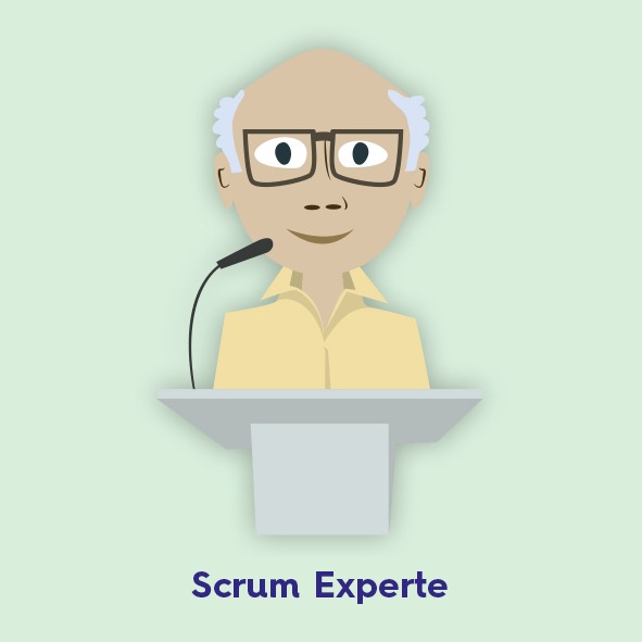 Scrum Master Experte Figur an einem Rednerpult mit Mikrofon