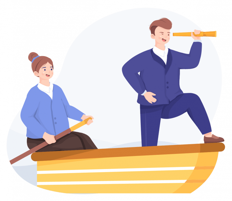 Zwei Figuren auf einem Boot, eine davon sieht durch ein Fernrohr