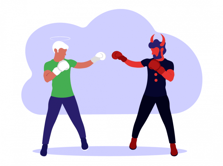 Zwei Figuren Engel und Teufel boxen gegeneinander